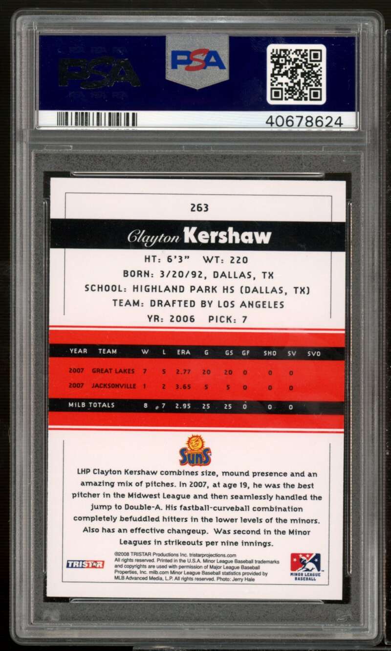 Clayton Kershaw Rookie Card 2008 Tristar Projections #263 PSA 9 Image 2