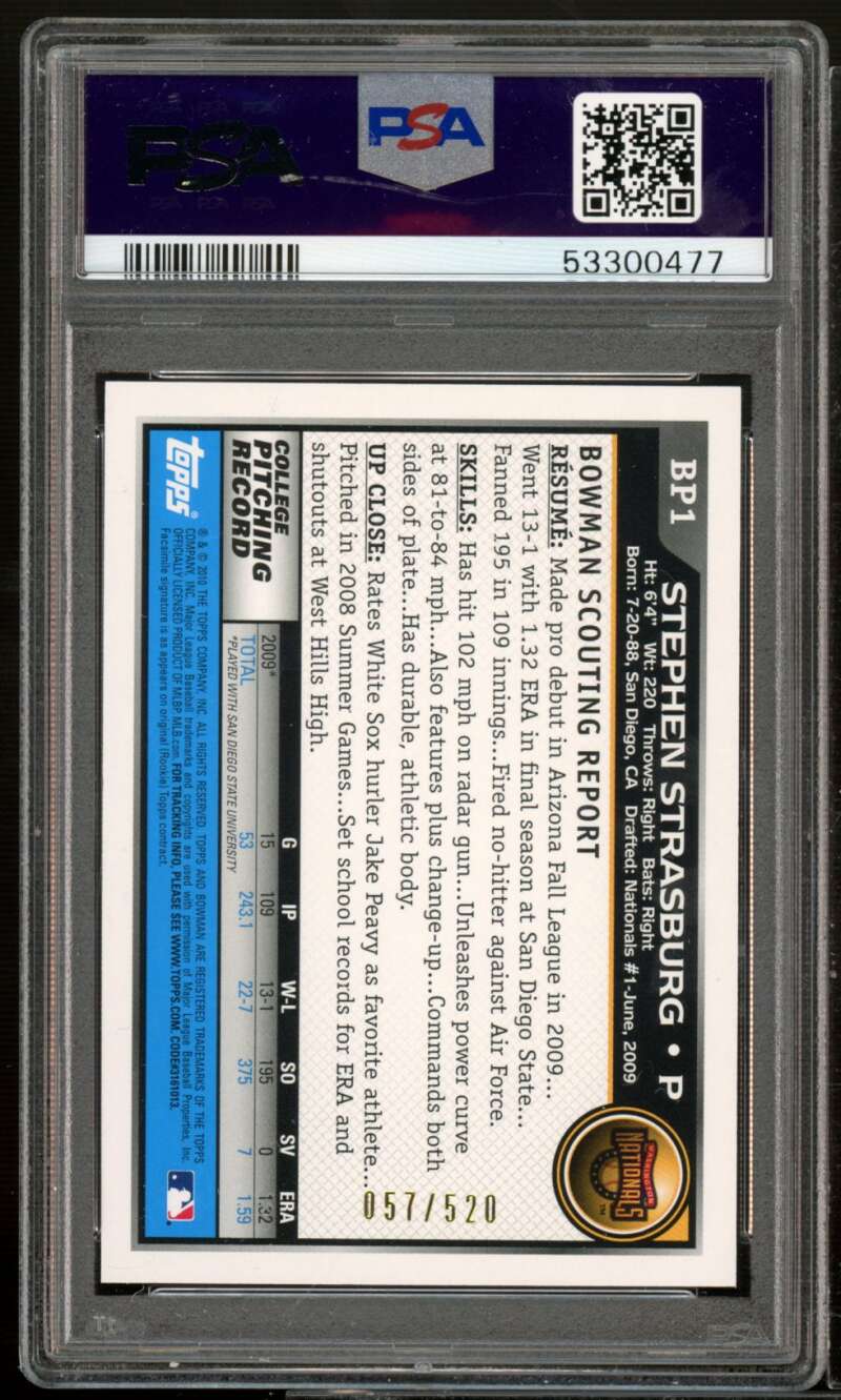 Stephen Strasburg Rookie Card 2010 Bowman Prospects Blue #BP1 PSA 9 Image 2