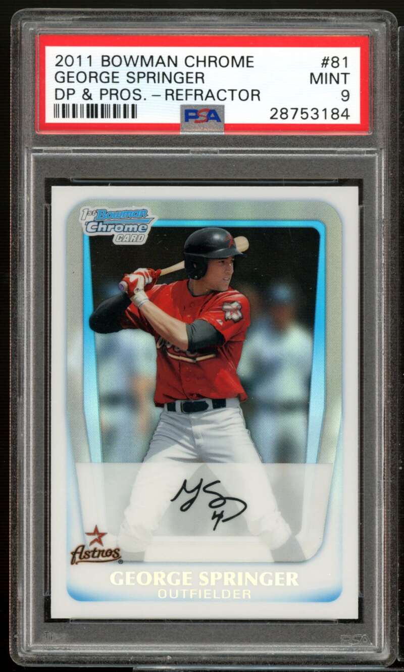 George Springer Rookie Card 2011 Bowman Chrome DP Prospect Refractor #81 PSA 9 Image 1