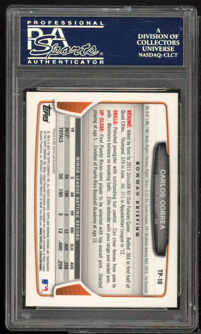 Carlos Correa Rookie Card 2013 Bowman Draft Picks TP Chrome #TP-10 PSA 10 Image 2