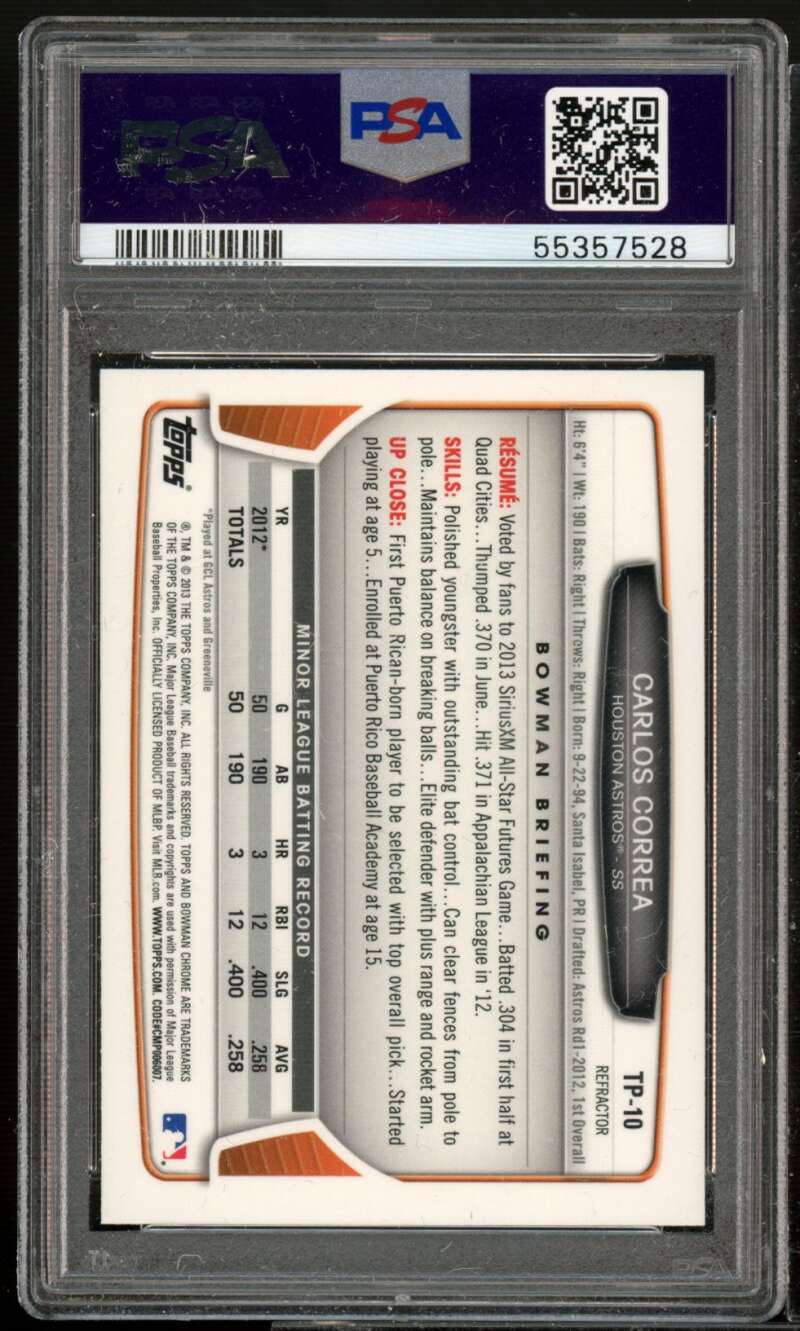 Carlos Correa Rookie 2013 Bowman Draft Picks TP Chrome Refractor #TP-10 PSA 9 Image 2