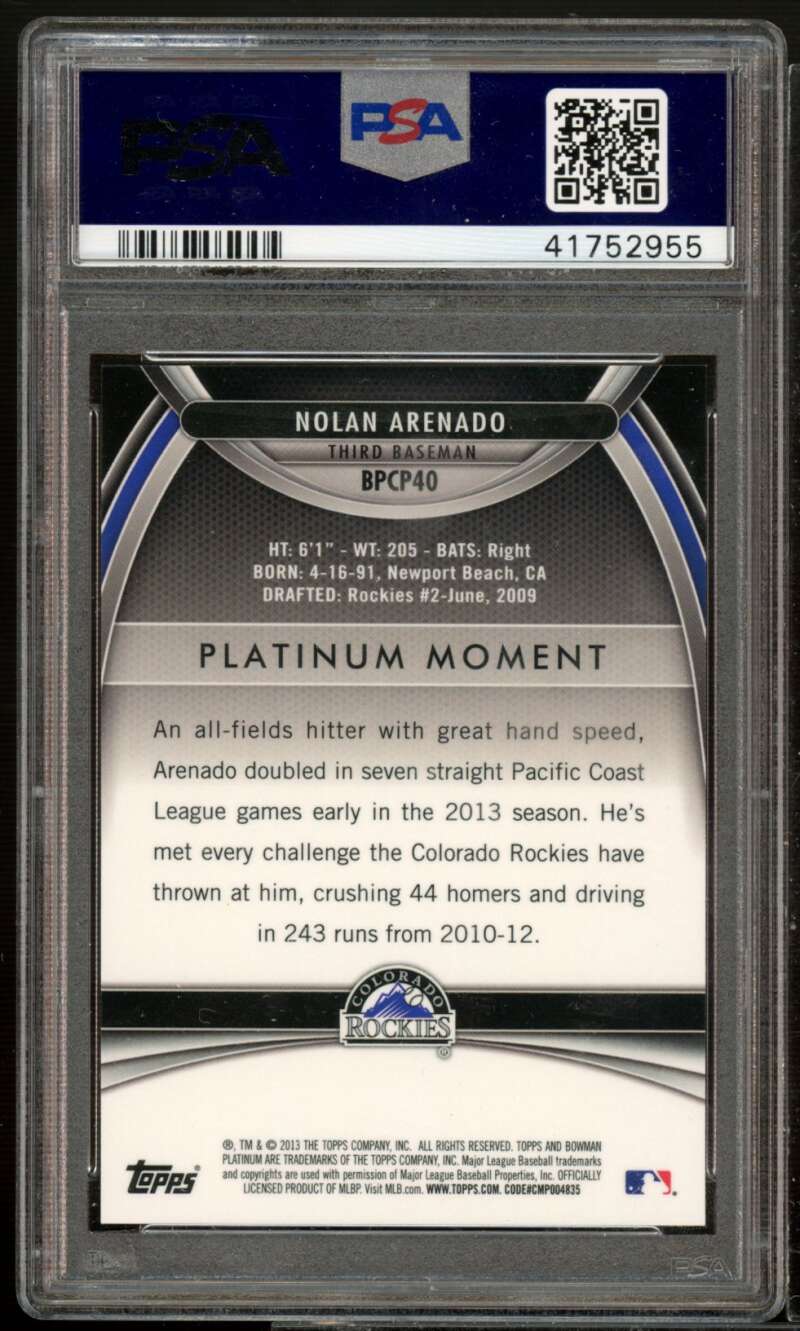 Nolan Arenado Rookie 2013 Bowman Platinum Chrome Pros Green Refractor #40 PSA 10 Image 2