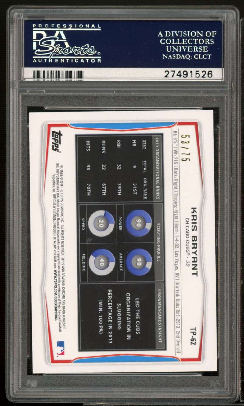 Kris Bryant Rookie 2014 Bowman Draft Top Prospects Green (pop 8) #TP-62 PSA 9 Image 2