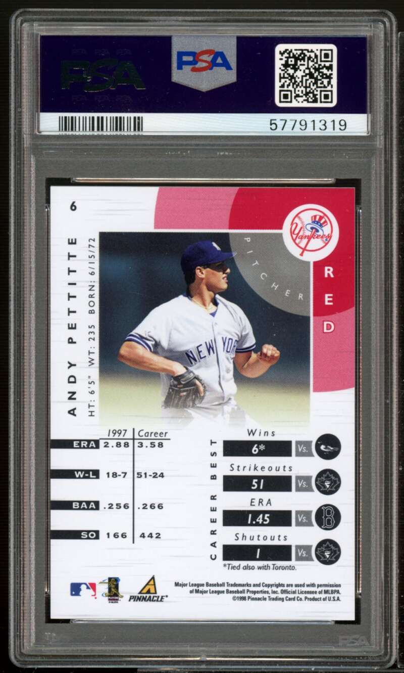 Andy Pettitte Card 1998 Pinnacle Certified Mirror Red Test Issue #6 PSA 9 Image 2