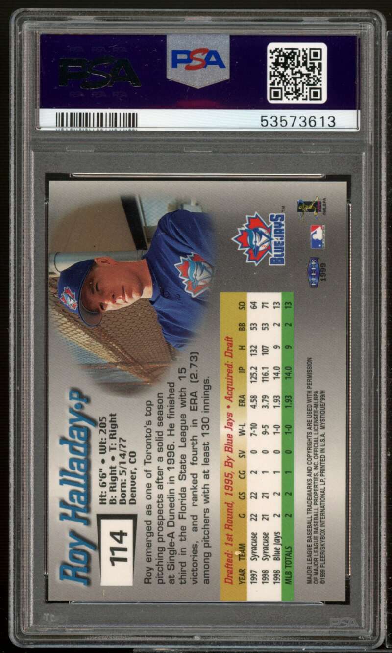 Roy Halladay Card 1999 Fleer Mystique #114 PSA 9 Image 2