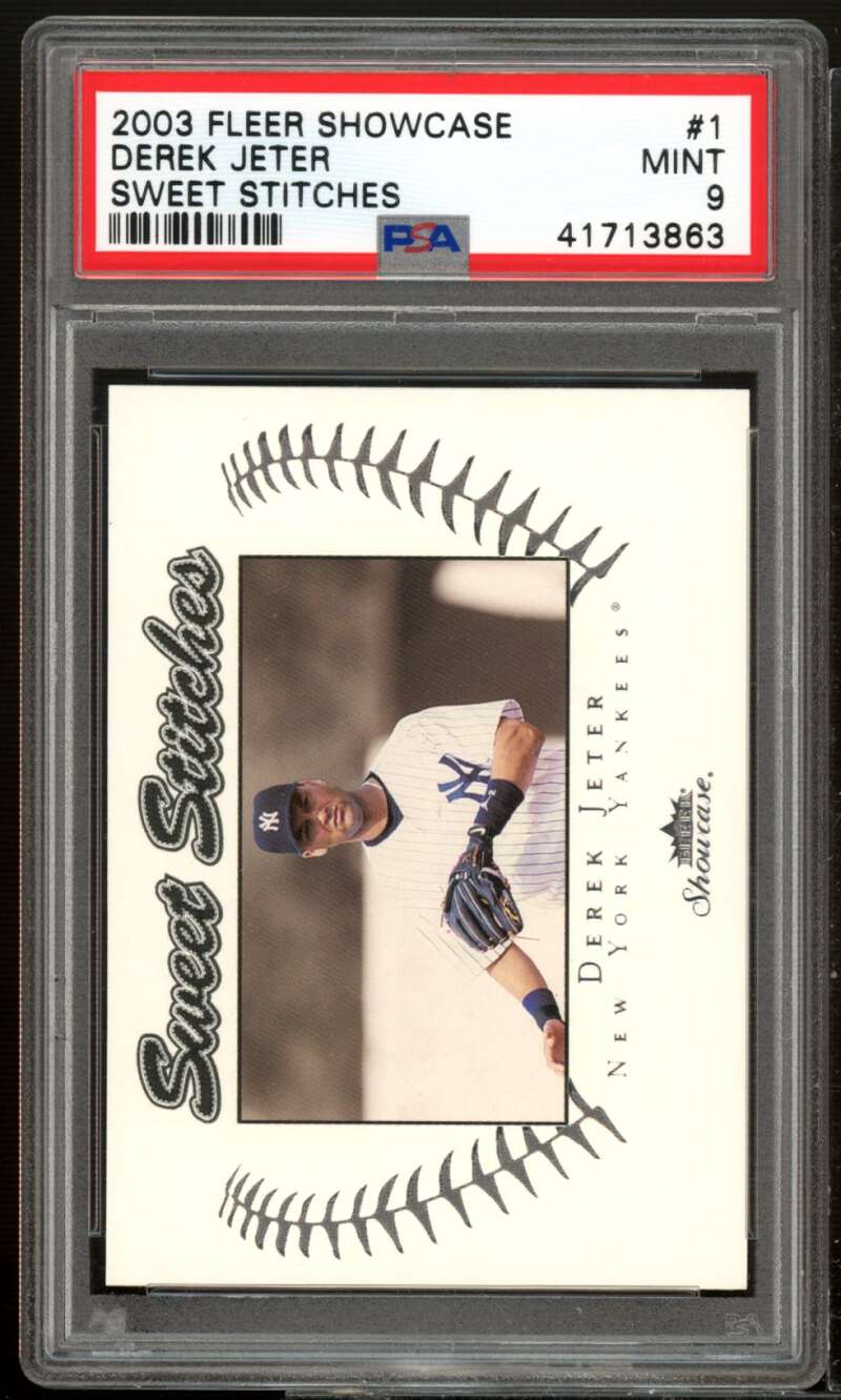 Derek Jeter Card 2003 Fleer Fleer Showcase Sweet Stitches #1 PSA 9 Image 1