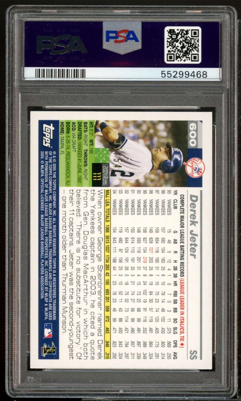 Derek Jeter Card 2005 Topps Black #600 PSA 9 Image 2