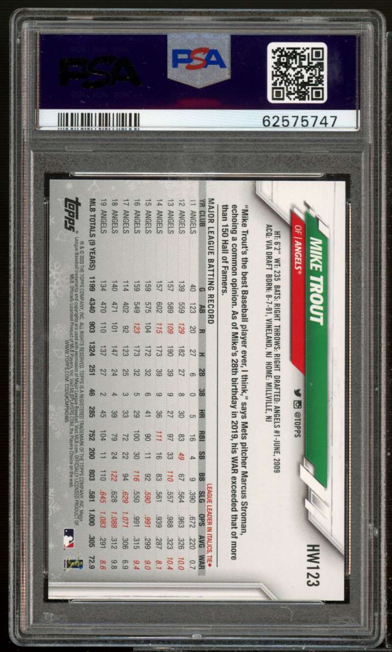 Mike Trout Card 2020 Topps Holiday #hw123 PSA 10 Image 2