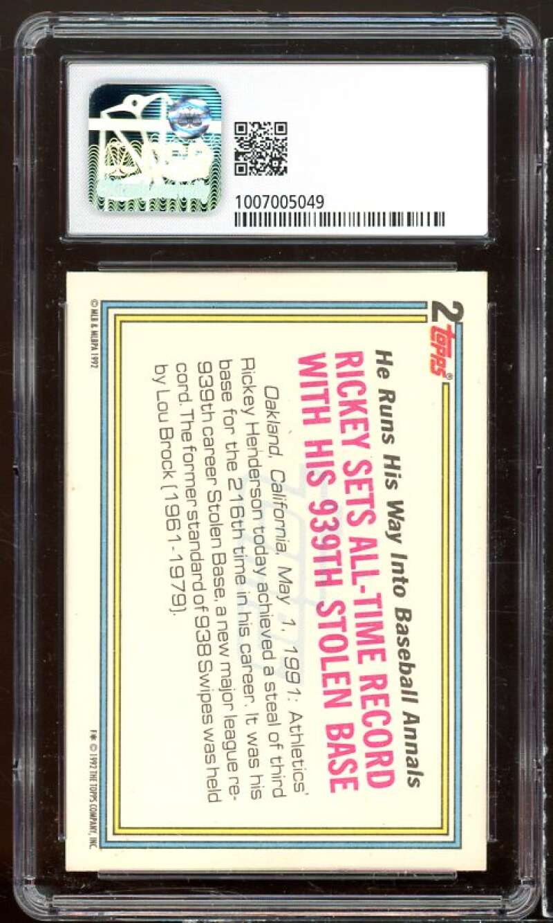 Rickey Henderson Card 1992 Topps #2 CSG 3.5 Image 2