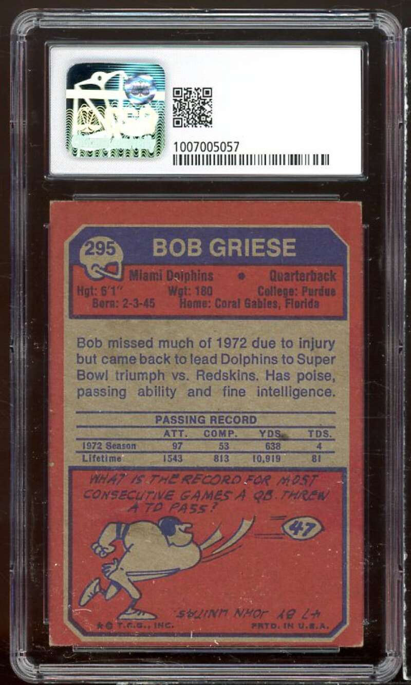 Bob Griese Card 1973 Topps #295 CSG 3 Image 2