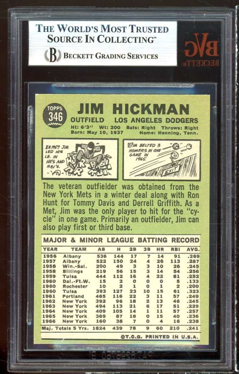 Jim Hickman Card 1967 Topps (pop 1) #346 BGS BVG 8.5 Image 2