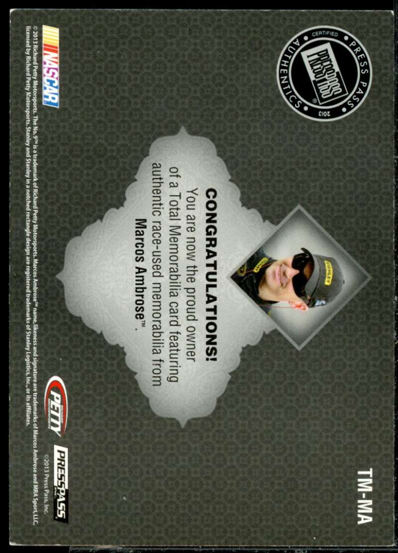 Marcos Ambrose/475* Card 2013 Total Memorabilia Single Swatch Silver #TMMA  Image 2