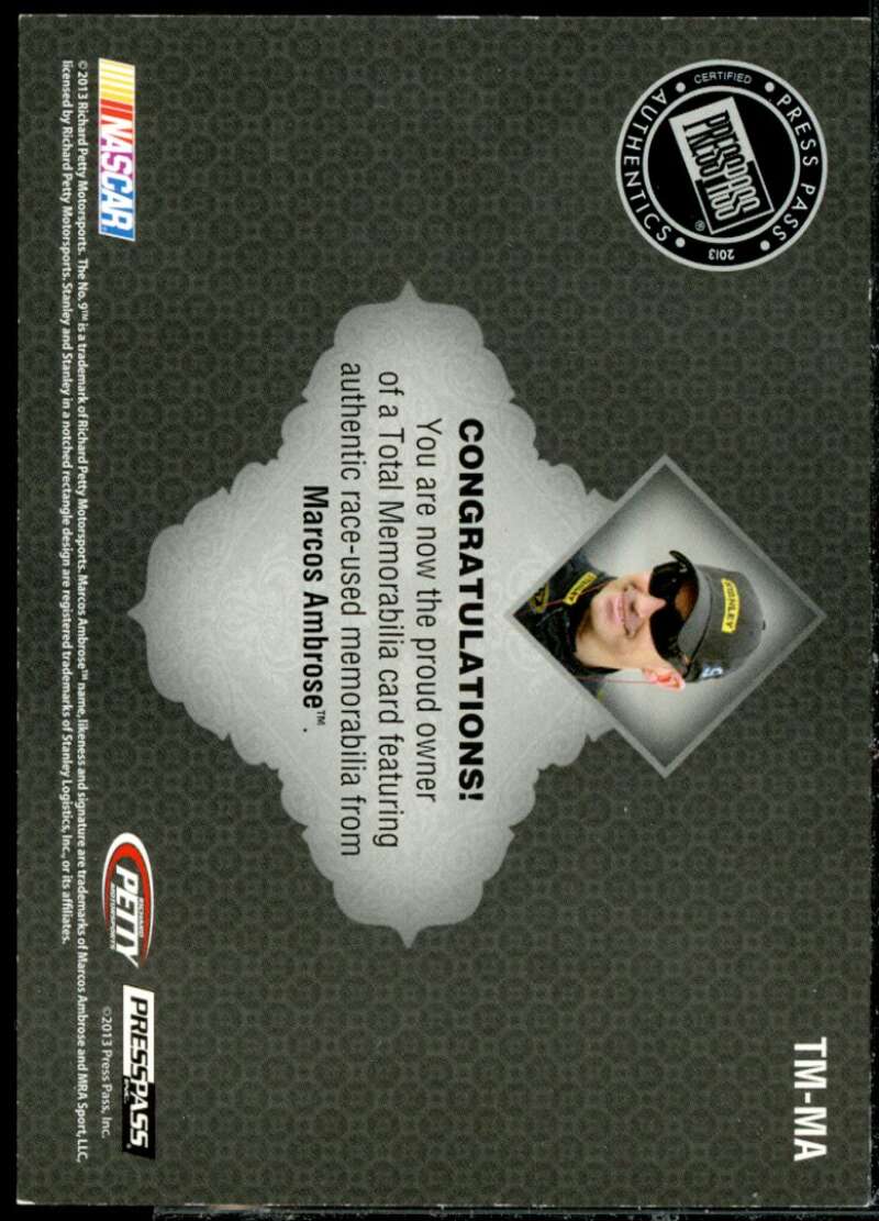 Marcos Ambrose/475* Card 2013 Total Memorabilia Single Swatch Silver #TMMA  Image 2