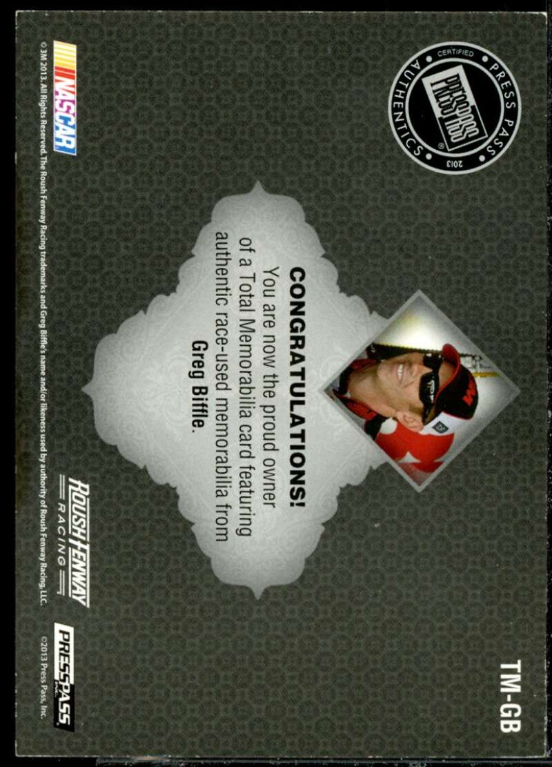 Greg Biffle/438* Card 2013 Total Memorabilia Single Swatch Silver #TMGB  Image 2