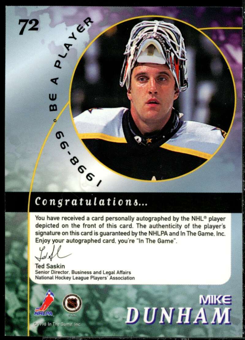 Mike Dunham Card 1998-99 Be A Player Autographs #72  Image 2