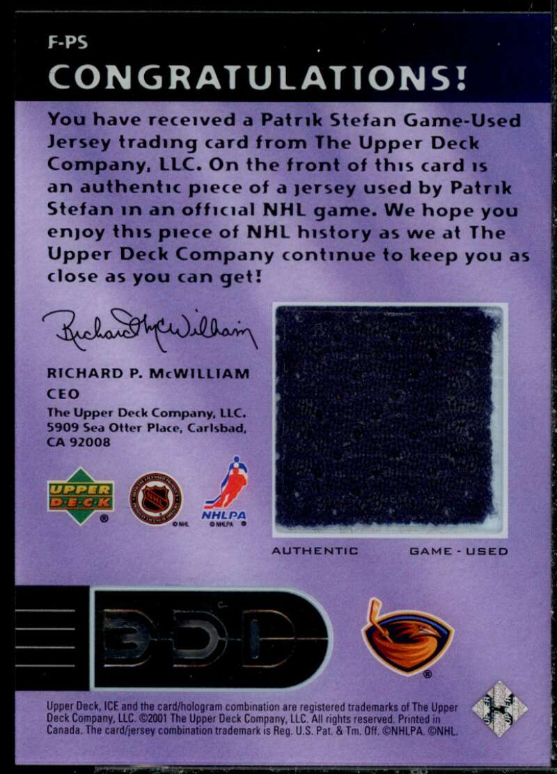 Patrik Stefan Card 2001-02 Upper Deck Ice First Rounders Jerseys #FPS  Image 2