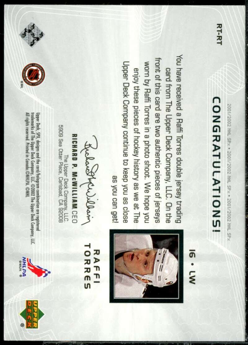 Raffi Torres Card 2001-02 SPx Rookie Treasures #RTRT  Image 2