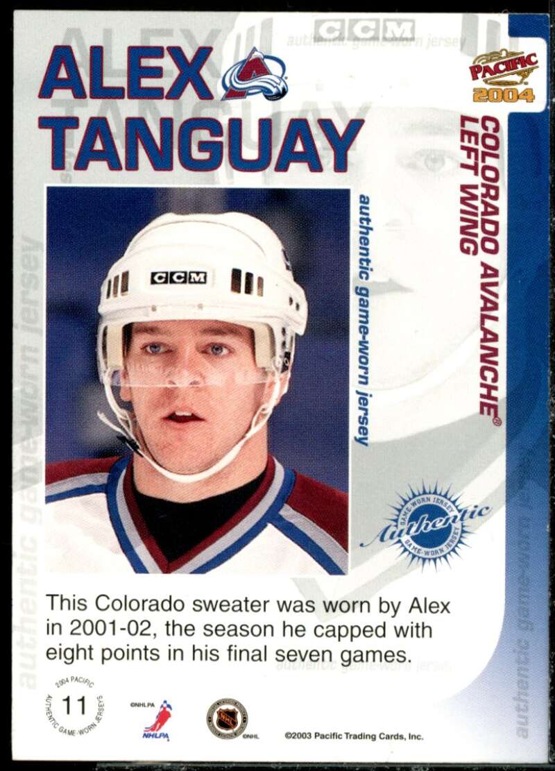 Alex Tanguay Card 2003-04 Pacific Jerseys #11  Image 2