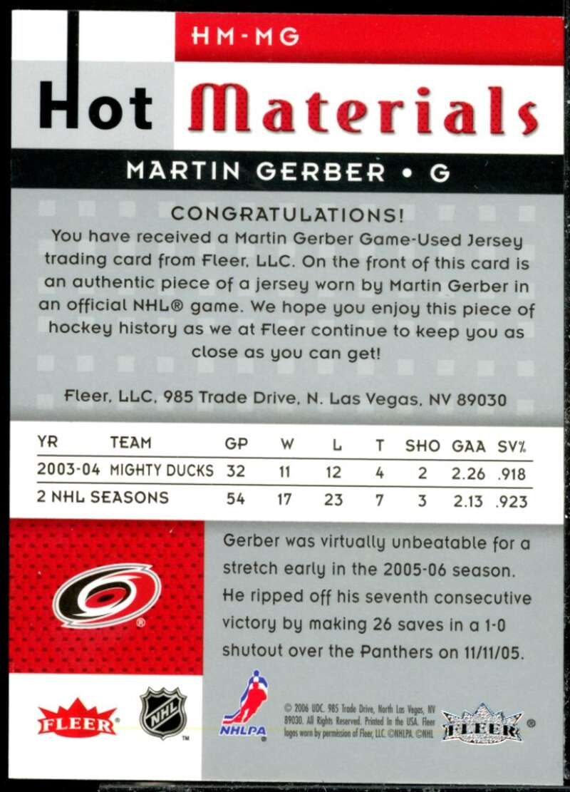 Martin Gerber Card 2005-06 Hot Prospects Hot Materials #HMMG  Image 2