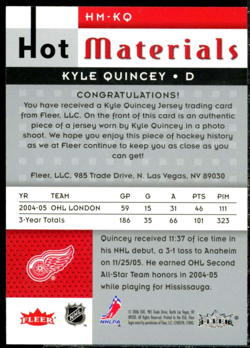 Kyle Quincey Card 2005-06 Hot Prospects Hot Materials #HMKQ  Image 2