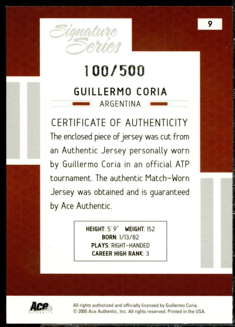 Guillermo Coria Card 2005 Ace Authentic Signature Series Jersey #9  Image 2