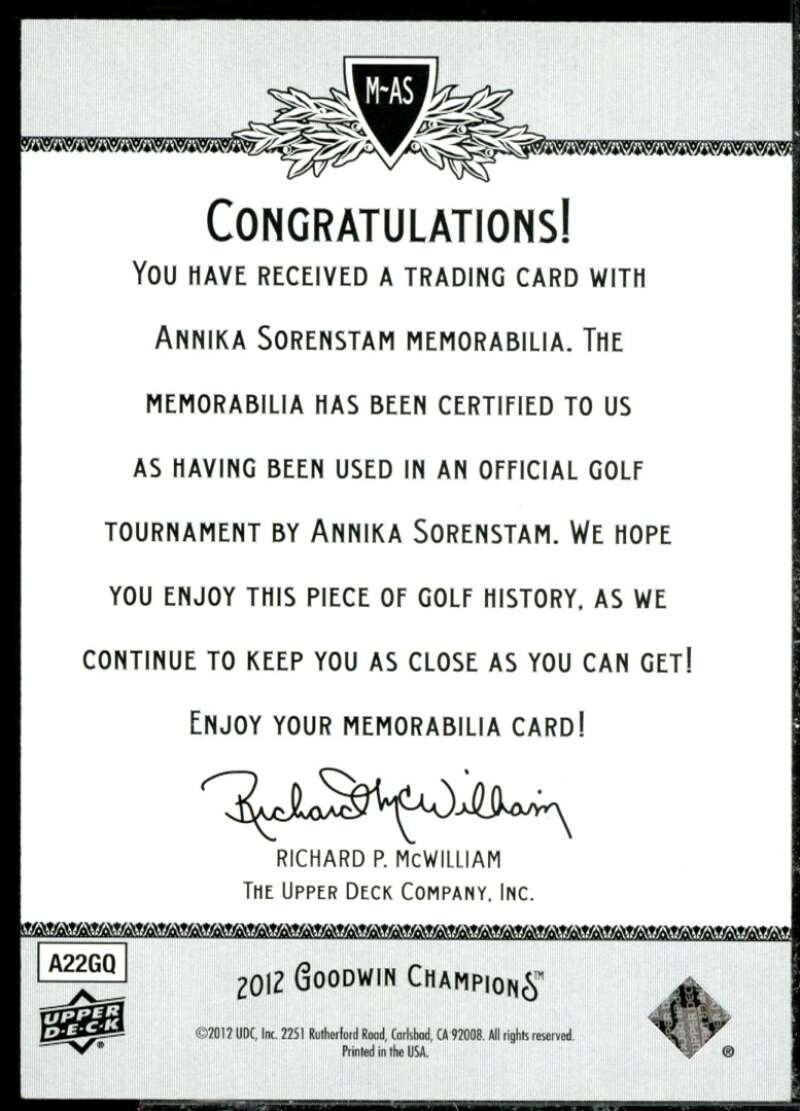 Annika Sorenstam Card 2012 Upper Deck Goodwin Champions Memorabilia #MAS  Image 2