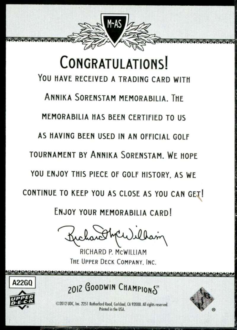 Annika Sorenstam Card 2012 Upper Deck Goodwin Champions Memorabilia #MAS  Image 2