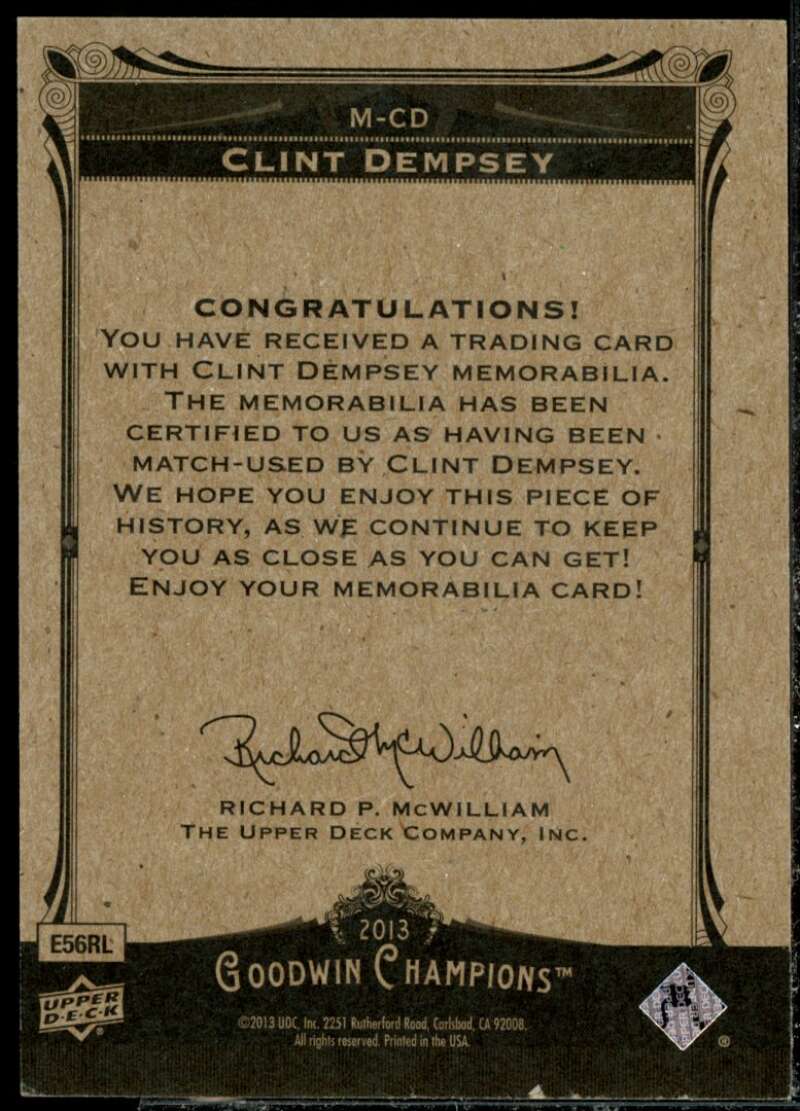 Clint Dempsey Card 2013 Upper Deck Goodwin Champions Memorabilia #MCD  Image 2