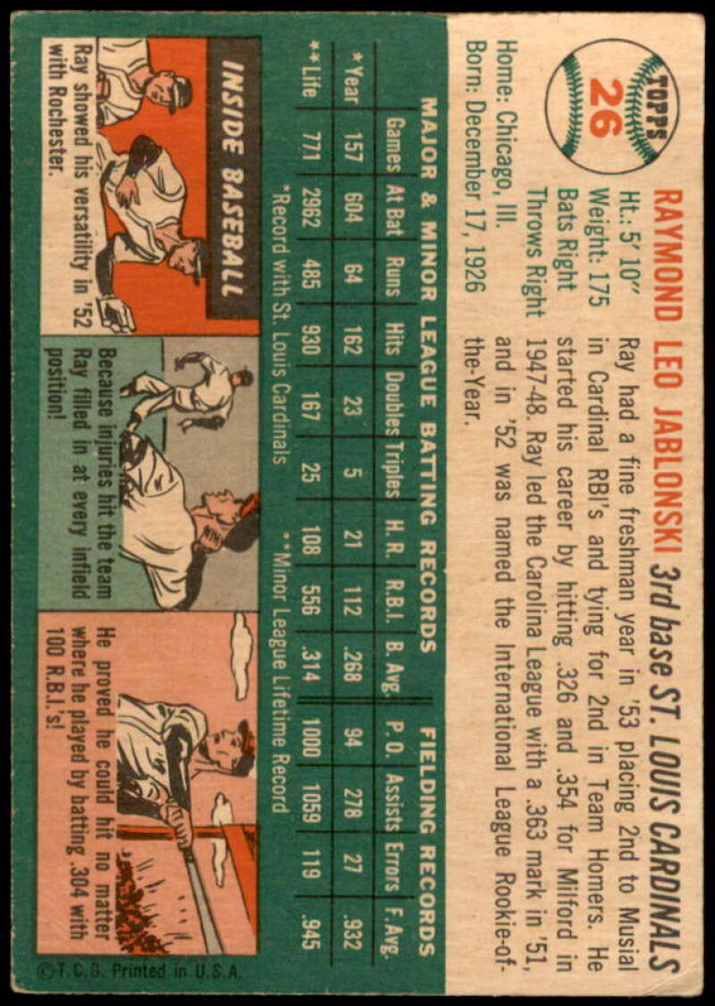 Ray Jablonski Card 1954 Topps #26 Image 2