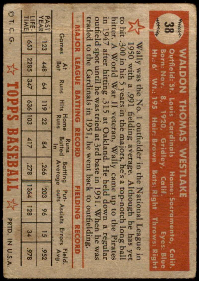 Wally Westlake Card 1952 Topps  #38 Image 2