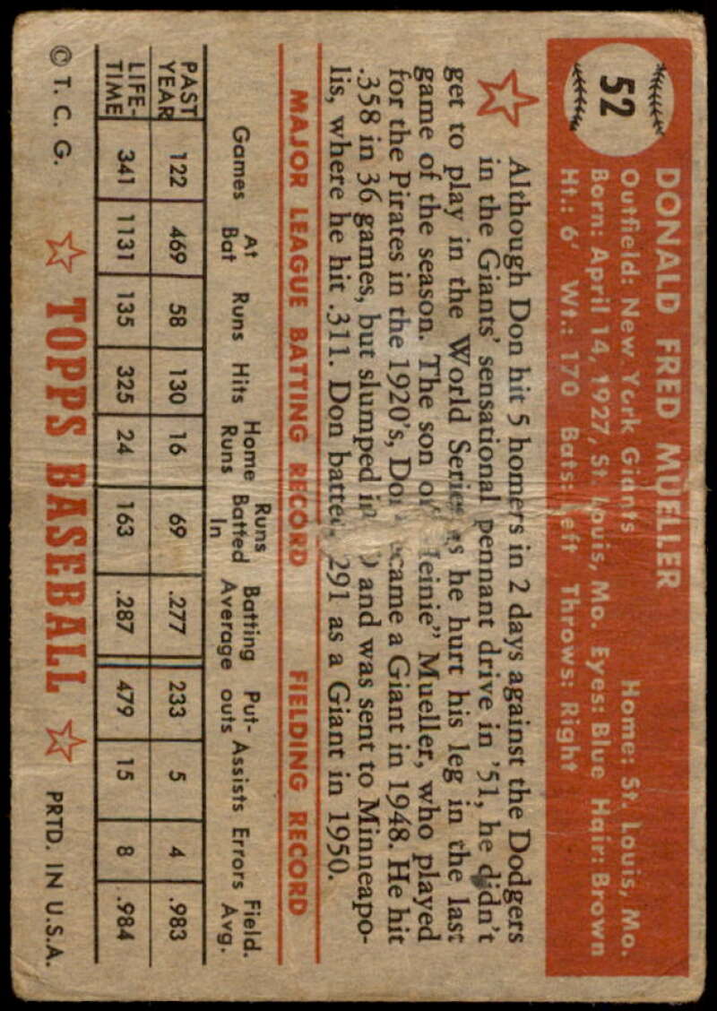 Don Mueller Card 1952 Topps #52 Image 2