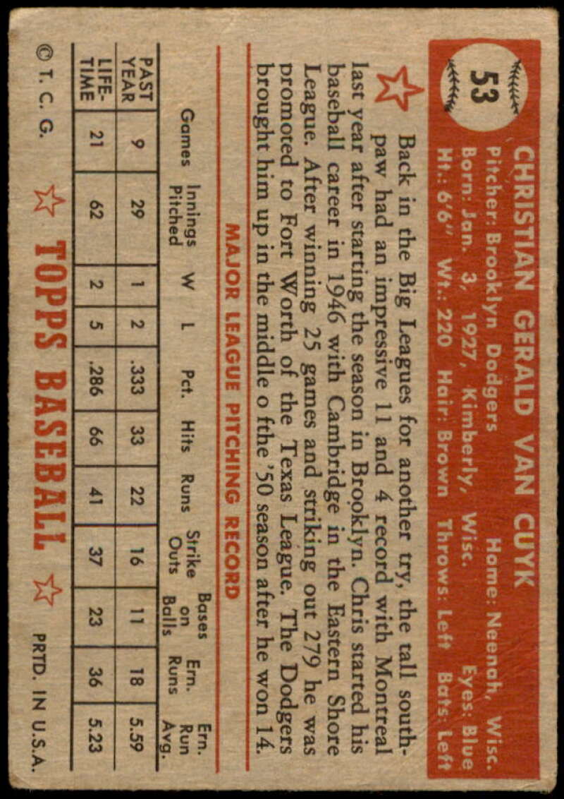 Chris Van Cuyk Card 1952 Topps #53 Image 2
