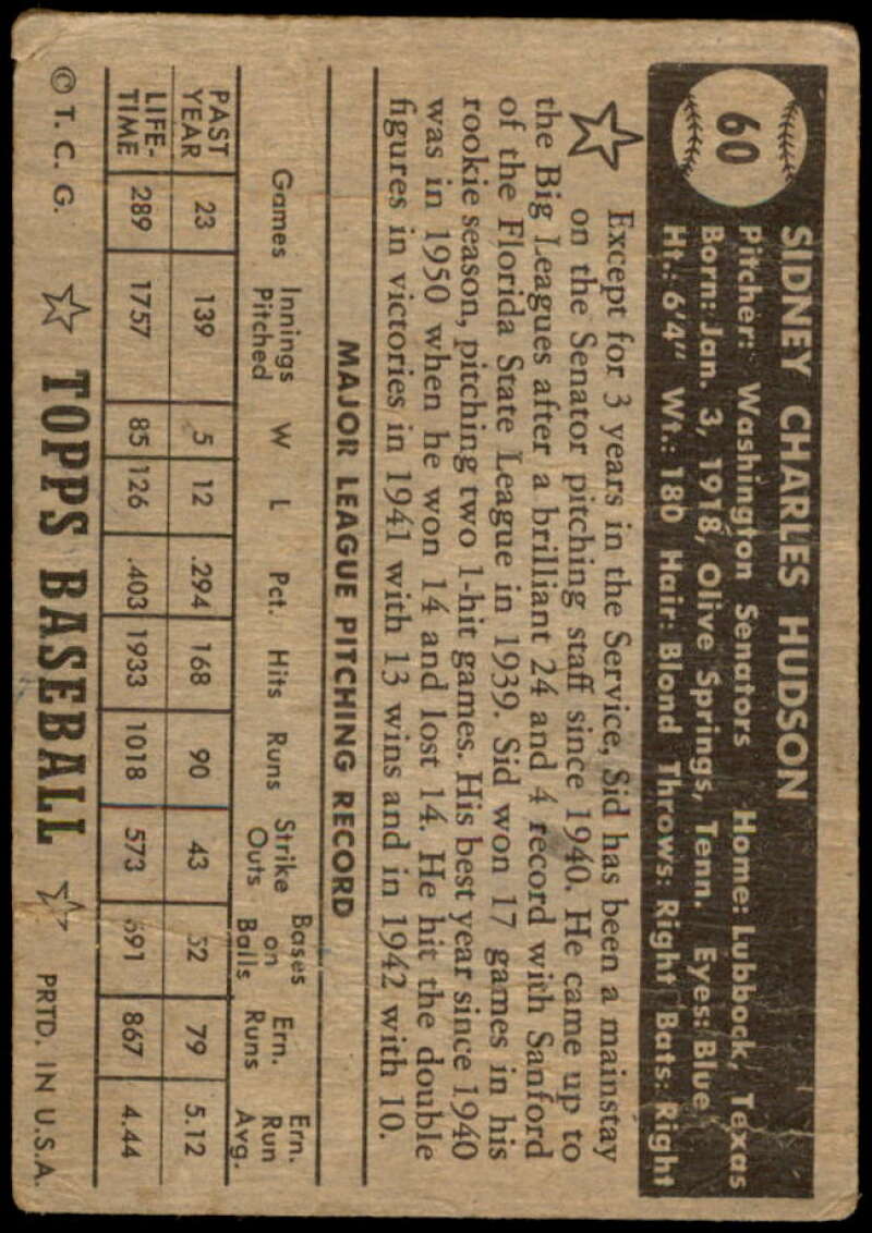 Sid Hudson Card 1952 Topps #60 Image 2