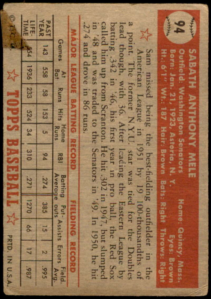 Sam Mele Card 1952 Topps #94 Image 2