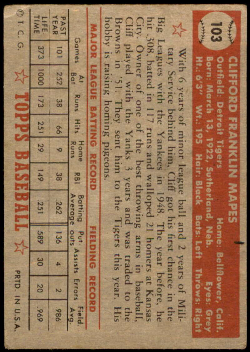 Cliff Mapes Card 1952 Topps #103 Image 2