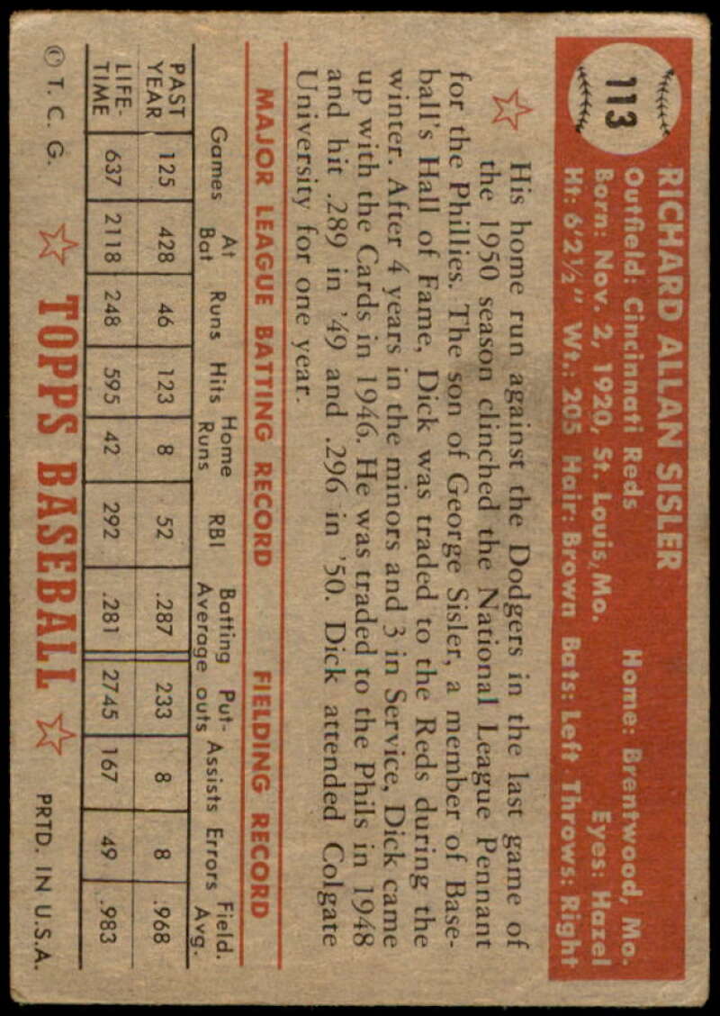 Dick Sisler Card 1952 Topps #113 Image 2