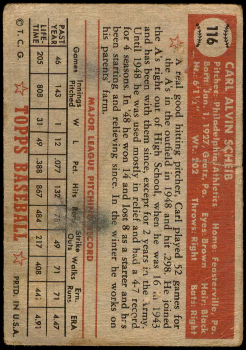 Carl Scheib Card 1952 Topps #116 Image 2