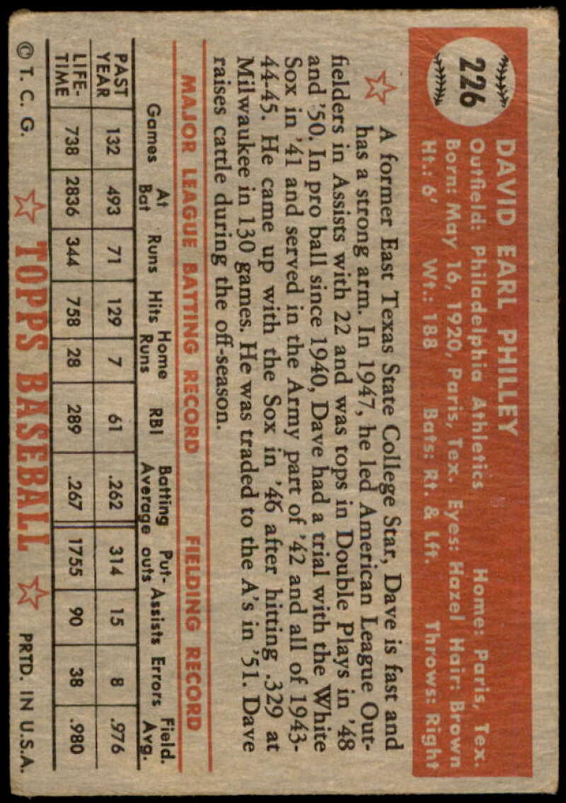 Dave Philley Card 1952 Topps #226 Image 2