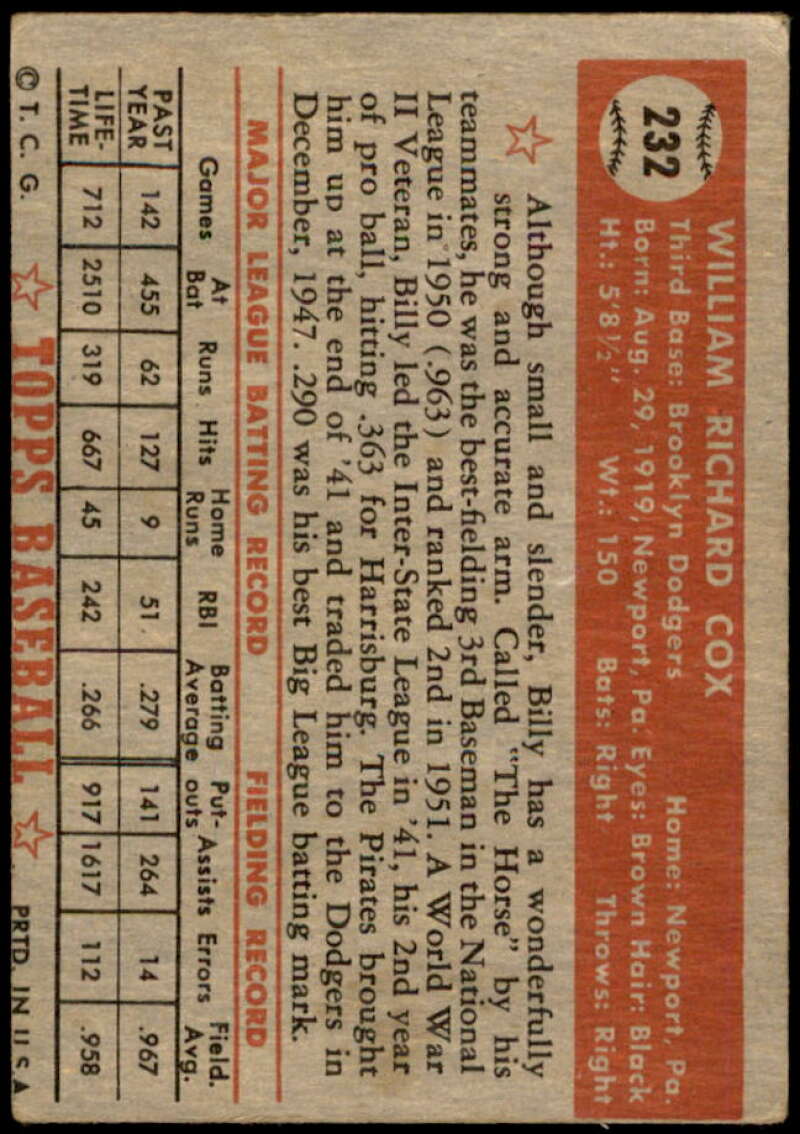 Billy Cox Card 1952 Topps #232 Image 2