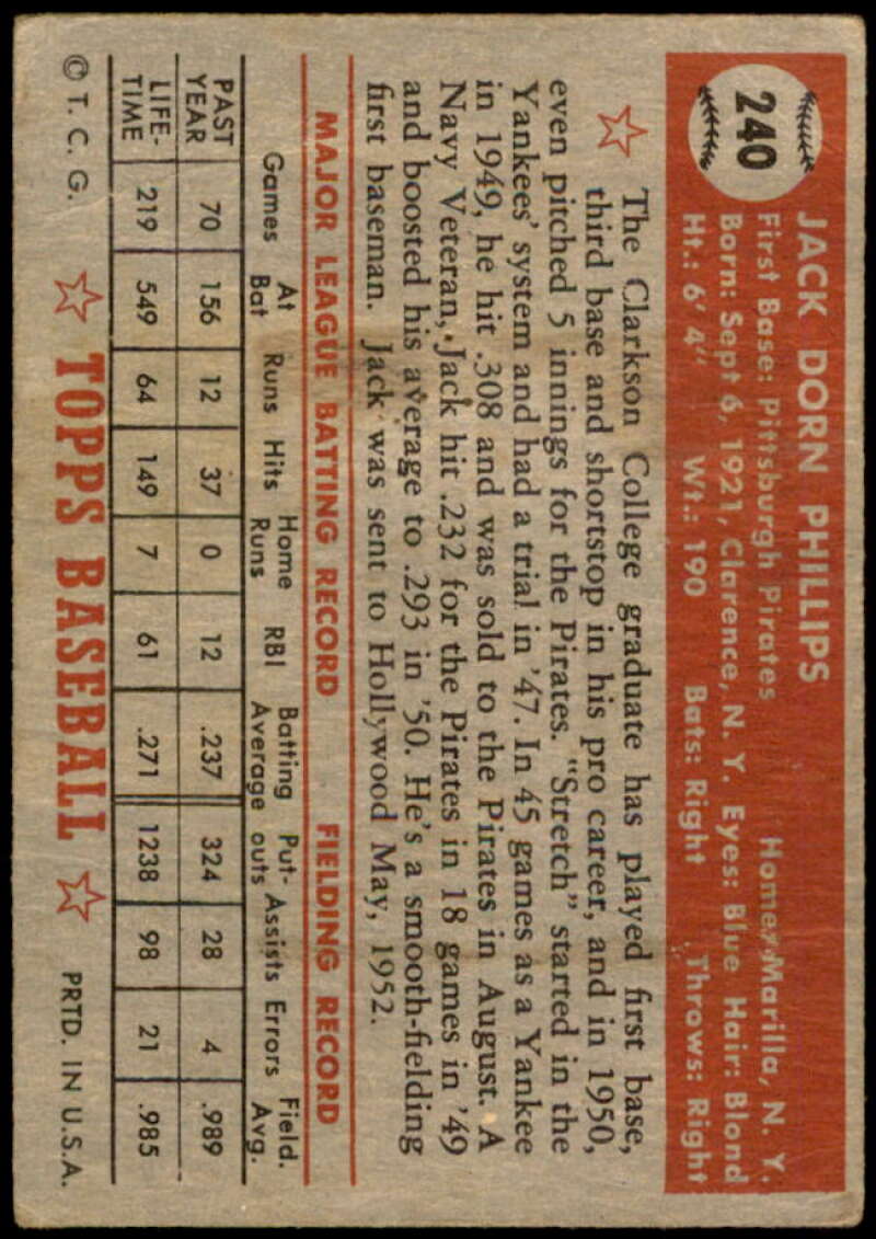 Jack Phillips Rookie Card 1952 Topps #240 Image 2