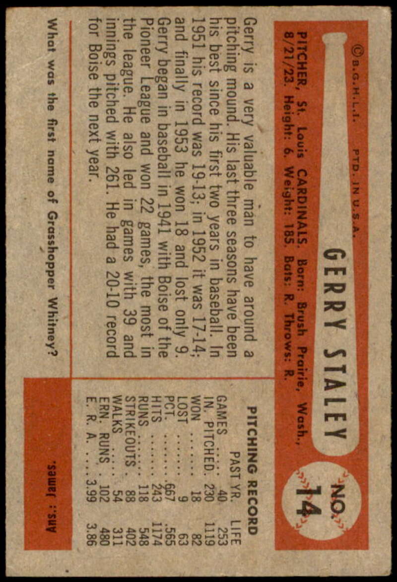 Jerry Staley Card 1954 Bowman #14 Image 2