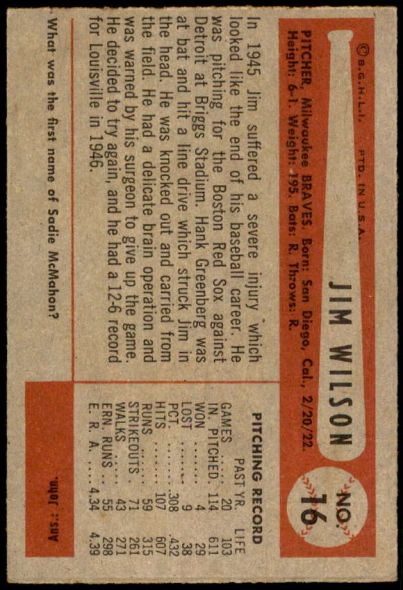 Jim Wilson Card 1954 Bowman #16 Image 2