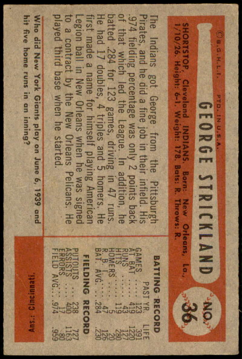 George Strickland Card 1954 Bowman #36 Image 2