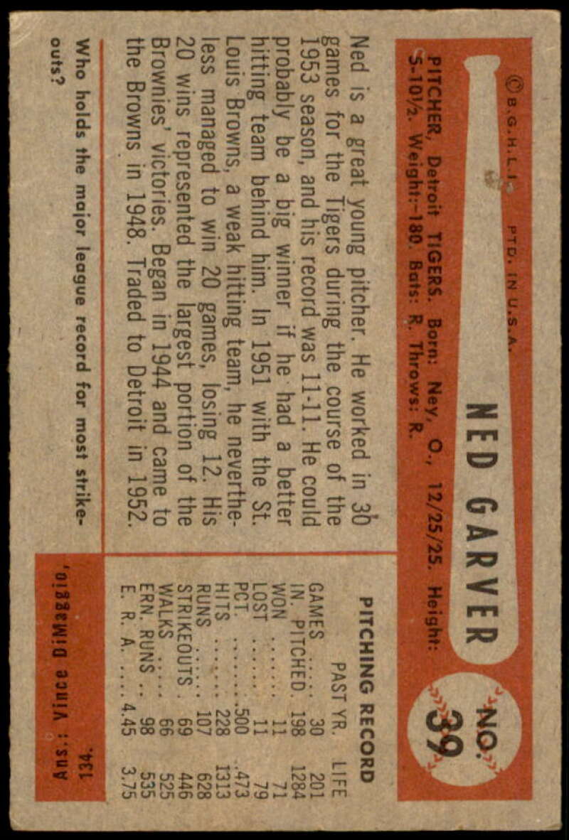 Ned Garver Card 1954 Bowman #39 Image 2