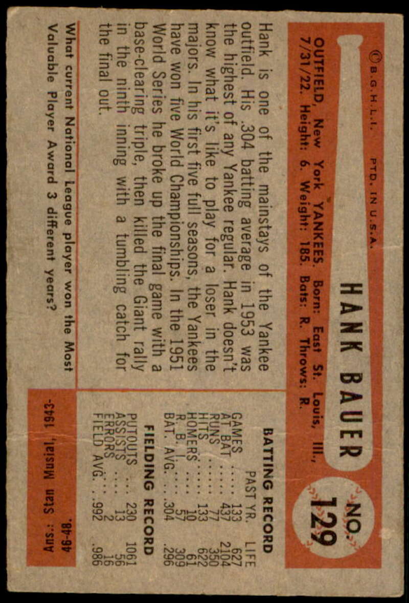 Hank Bauer Card 1954 Bowman #129 Image 2
