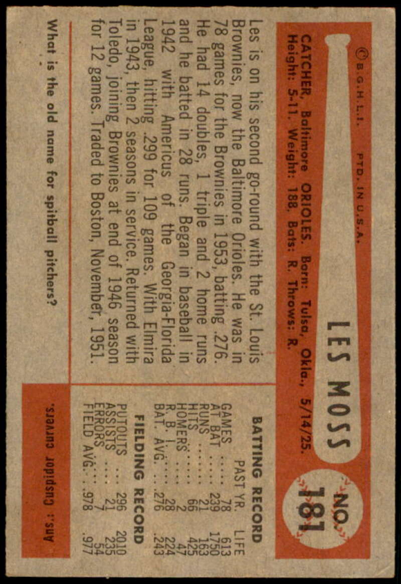 Les Moss Card 1954 Bowman #181 Image 2