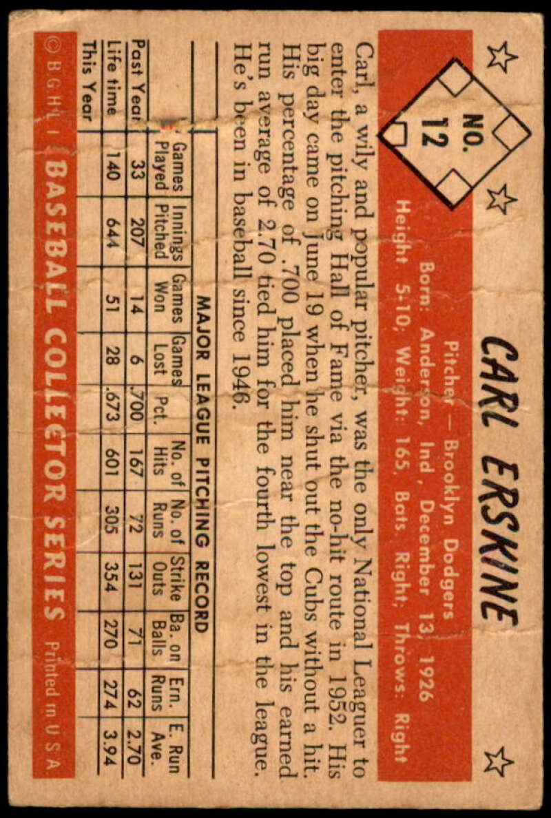 Carl Erskine Card 1953 Bowman Color #12 Image 2