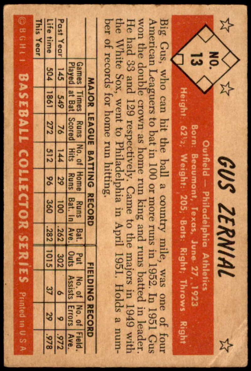 Gus Zernial Card 1953 Bowman Color #13 Image 2