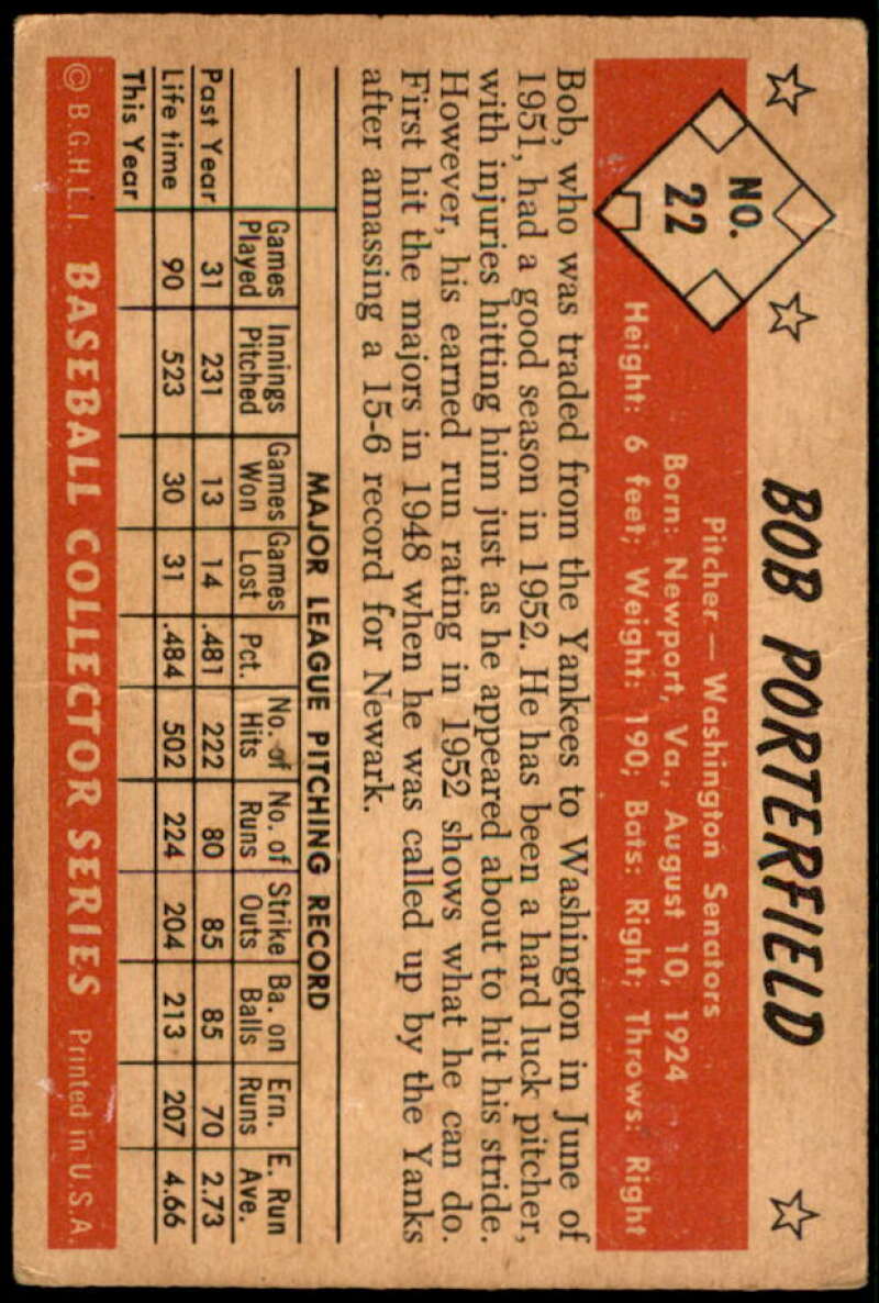 Bob Porterfield Card 1953 Bowman Color #22 Image 2