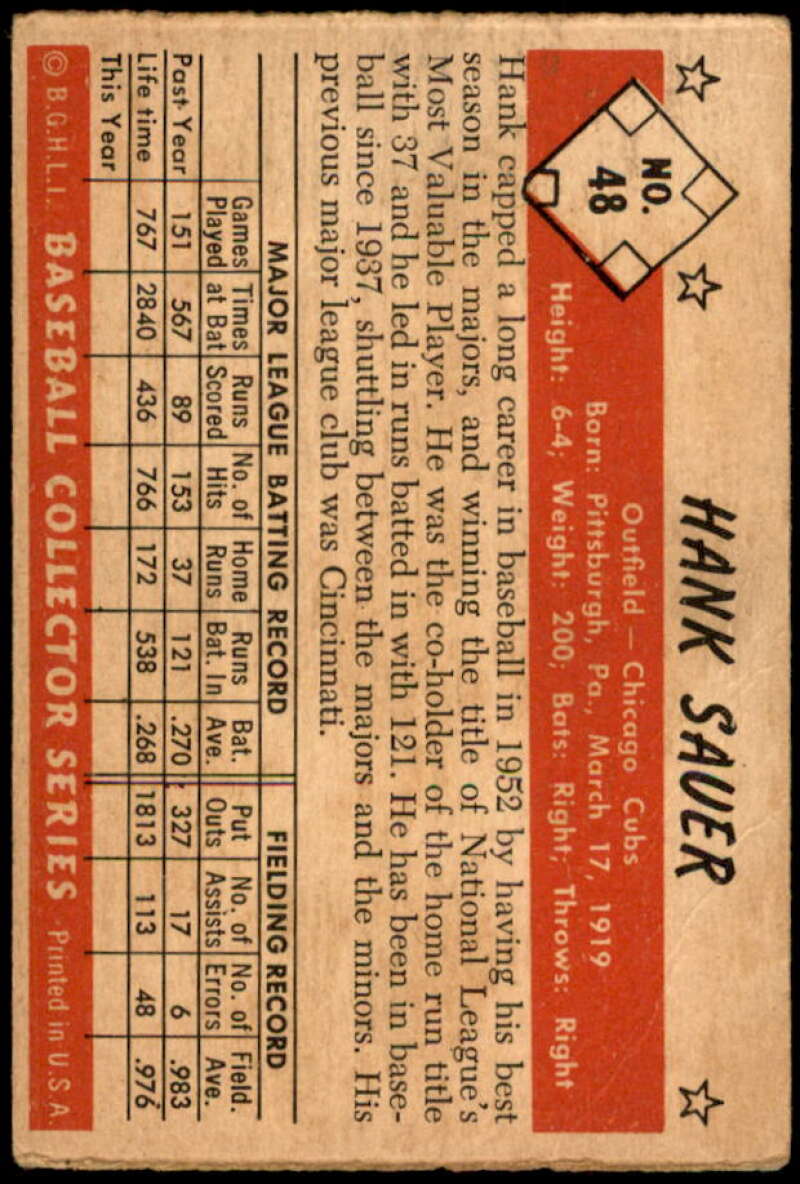 Hank Sauer Card 1953 Bowman Color #48 Image 2